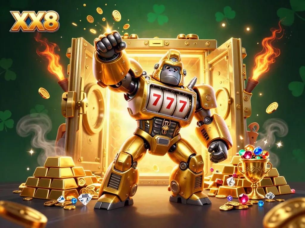 Engaging gambling scenario showcasing the XX8 themed gorilla mech surrounded by gold treasures.