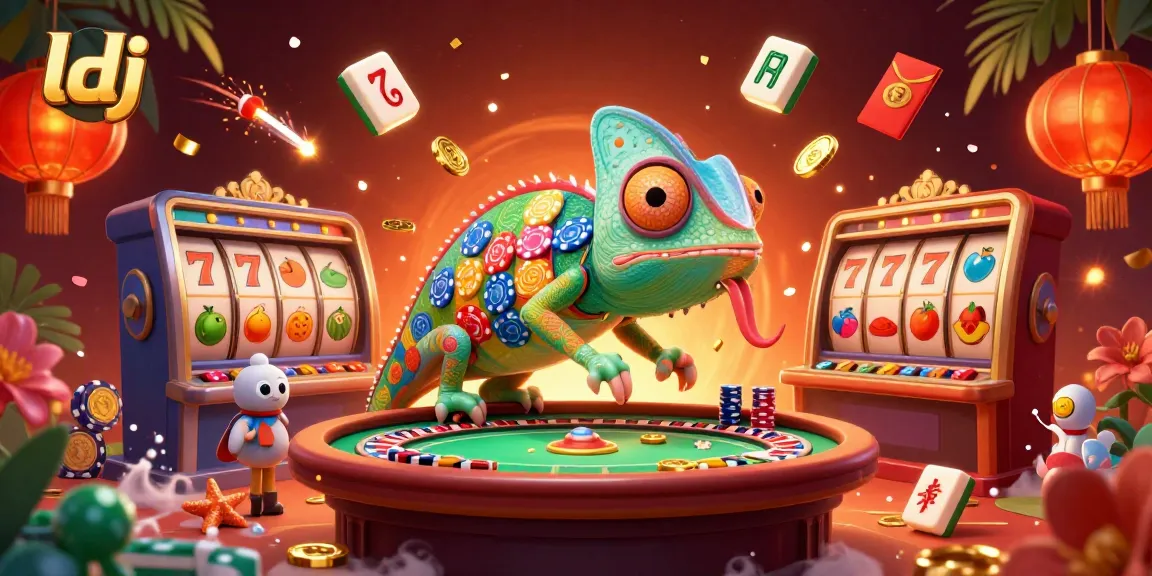 Engage in epic gaming wins at ldj with joyful chameleon casino character amidst vibrant slot elements.