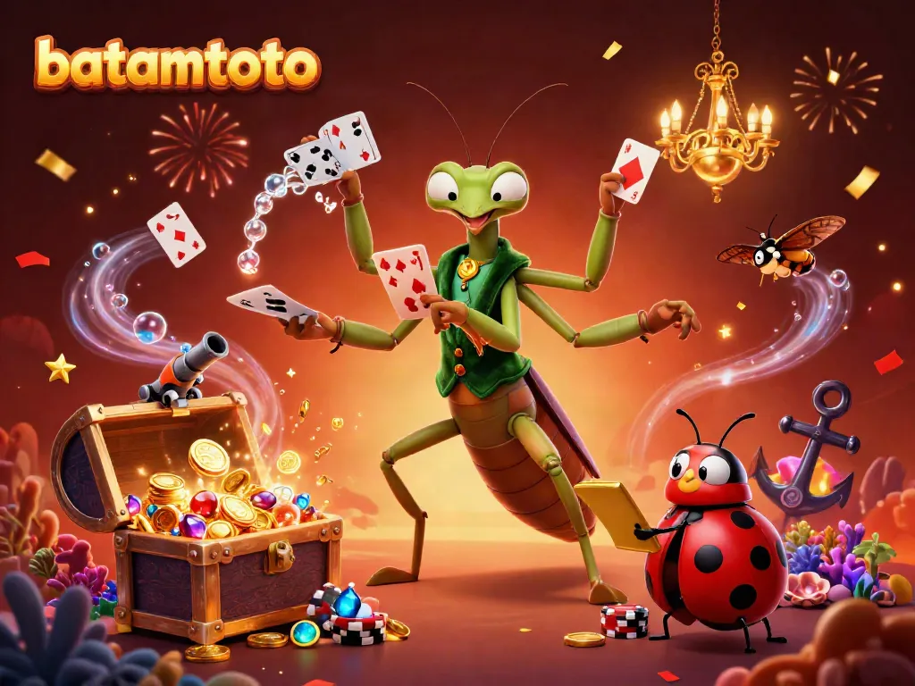 Join the excitement with batamtoto in this vibrant casino scene featuring animated characters and colorful game elements.