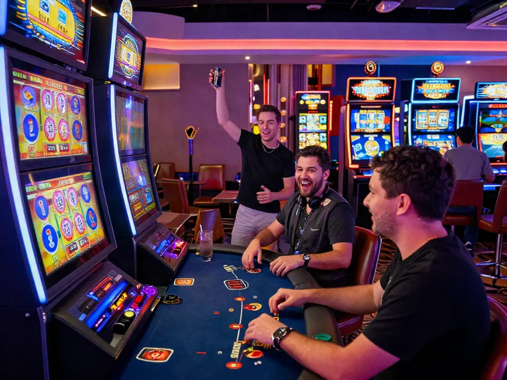 Players engaging with games at lively credit card casinos, showcasing excitement and interaction.
