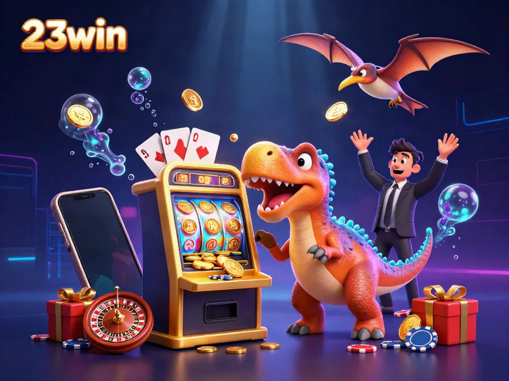 Experience thrilling wins at 23win with a colorful illustration of a dinosaur hitting a jackpot slot machine.