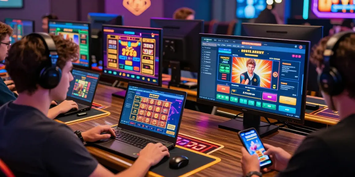 Players enjoying KK55 online casino games on multiple devices in a vibrant digital setting.