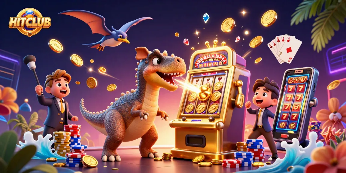 HITCLUB showcases pachycephalosaurus hitting a slot machine for a jackpot, with colorful coins scattering.