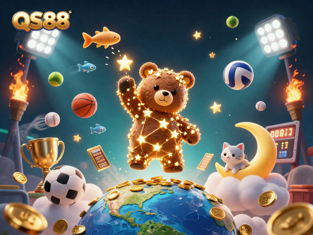 QS88 showcases an engaging gambling scene with a golden constellation bear, dynamic sports elements, and vibrant atmospherics.
