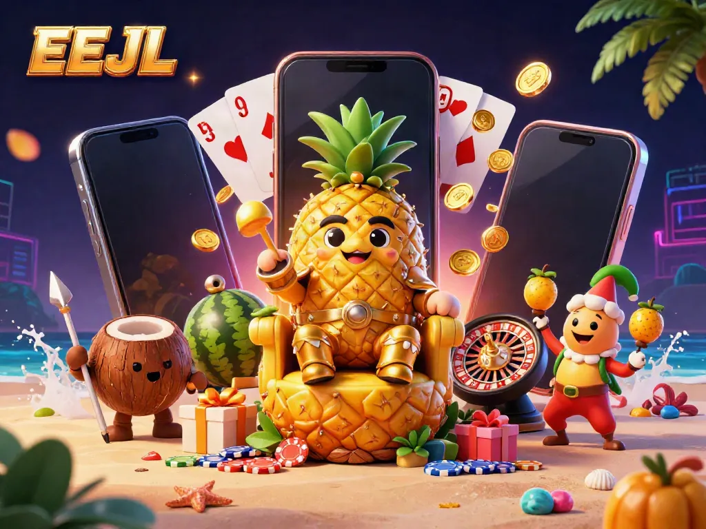 Engage in thrilling EEJL gaming with a dynamic casino-themed scene featuring a pineapple king and lively characters.