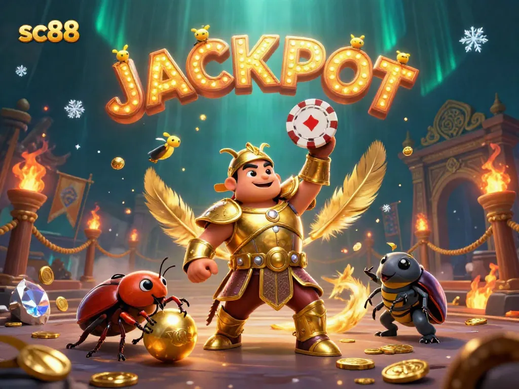Experience the thrill of winning at sc88 with vibrant illustrations of beetles and gaming elements.