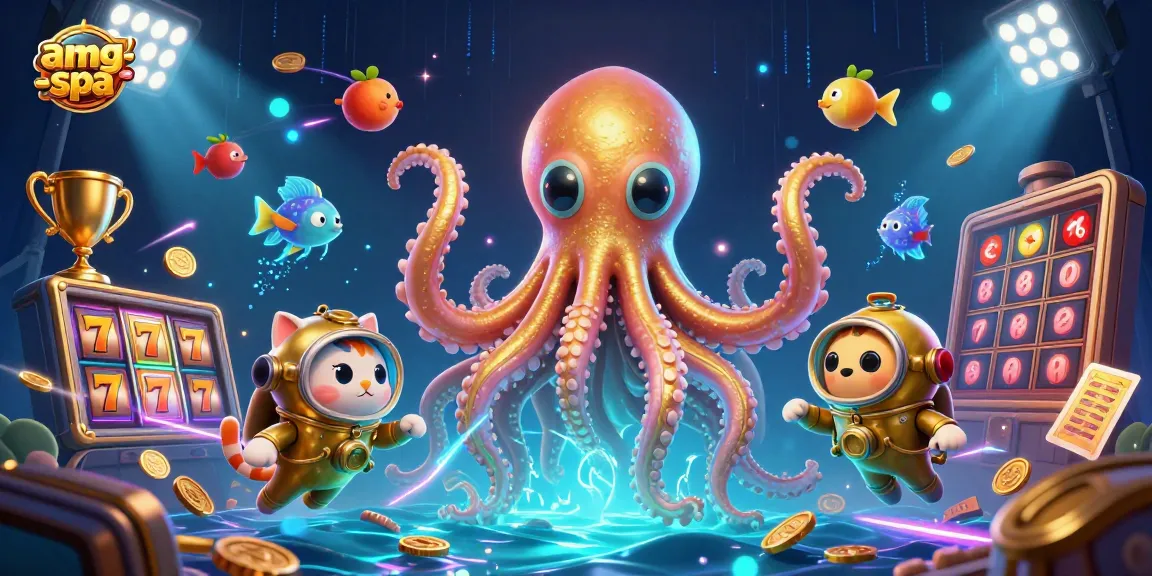 Engage in thrilling gaming action with amg-spa, featuring a giant kraken, diving cat, and vibrant casino symbols.