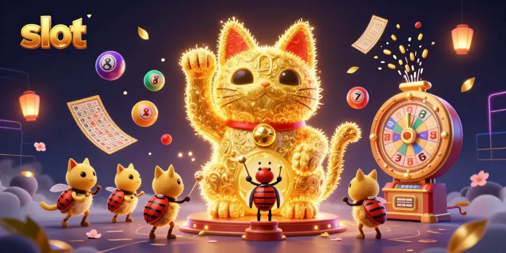 Experience the excitement of slot machines with golden fireflies forming a lucky cat amidst vibrant casino elements.