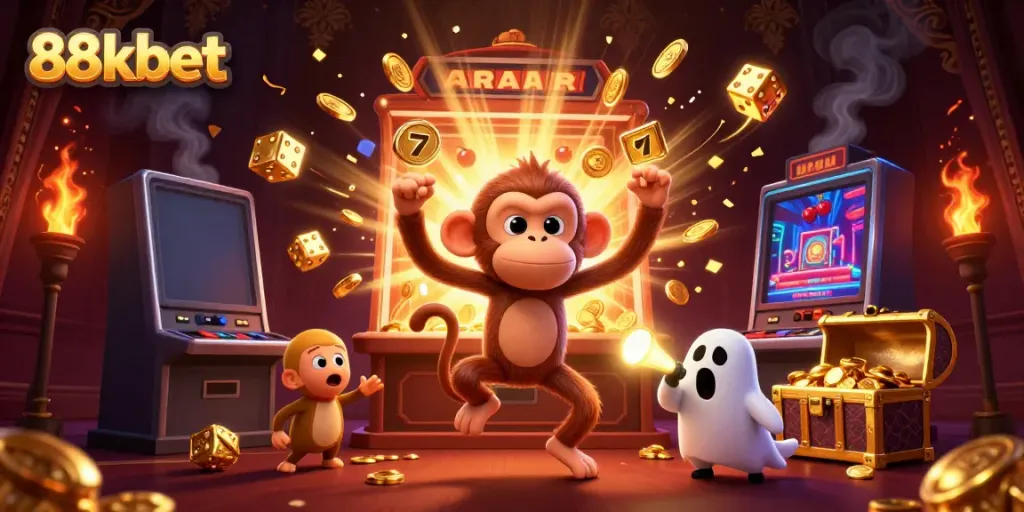 Engage with thrilling 88kbet casino adventures as an invisible monkey juggles golden objects.