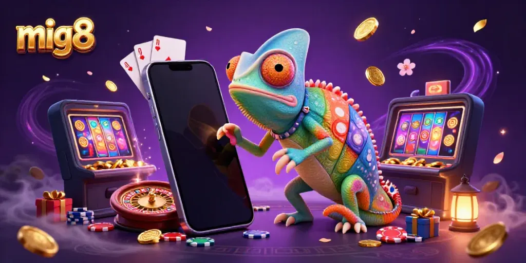Experience excitement at mig8 with the enchanting chameleon casino owner and vibrant game elements.