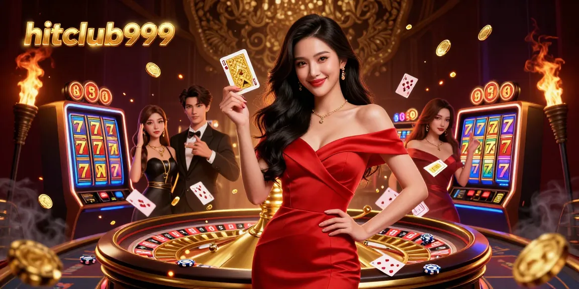 Engage in thrilling gameplay at hitclub9999 featuring a stunning casino scene with a beautiful dealer and dynamic slot elements.