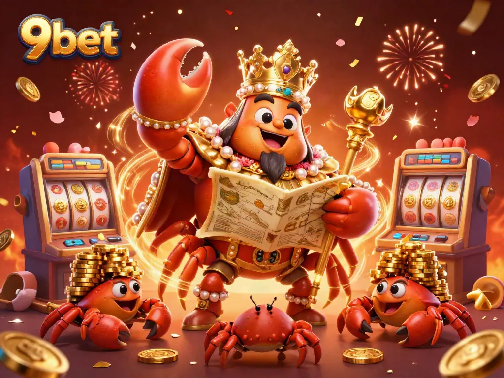 Experience thrilling wins with 9bet's golden crab emperor surrounded by fortune at a lively casino scene.