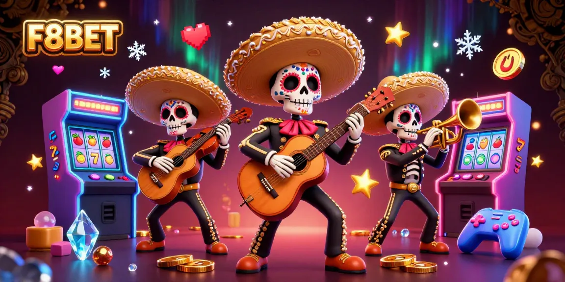 Experience the vibrant fun of F8BET with a lively mariachi band amid colorful slot machines.