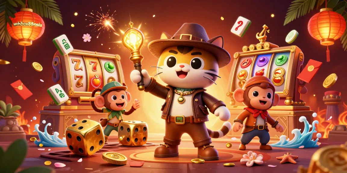 Winbox88msia showcases an illustrated casino adventure with a cat archaeologist and dynamic gaming elements.