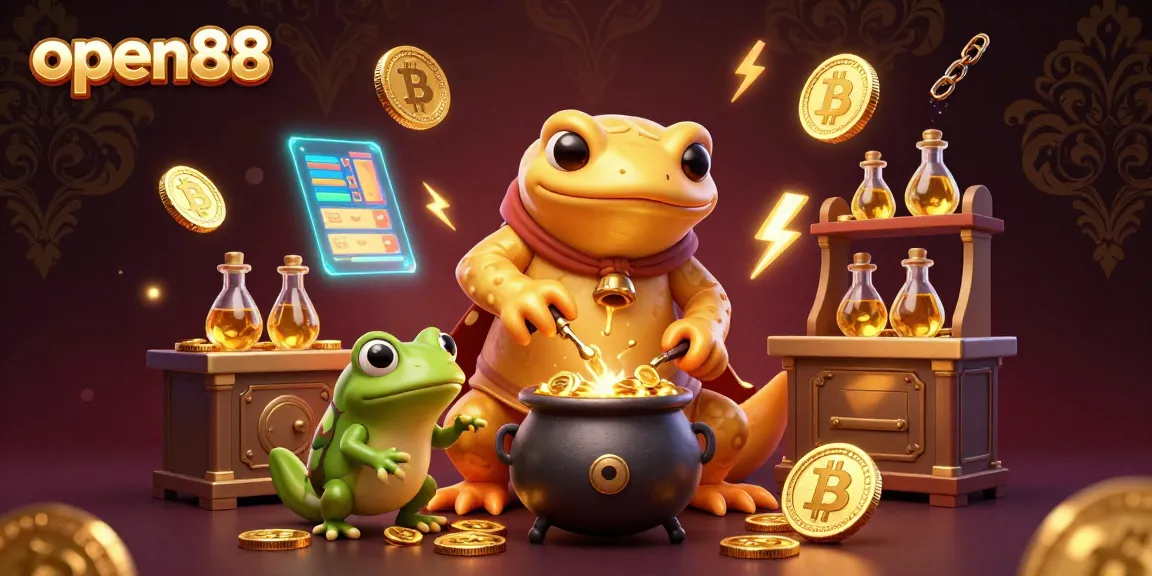 Engage at open88 with a vibrant gambling scene featuring alchemist characters and glowing cryptocurrencies.