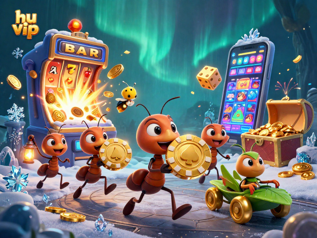 Experience the excitement at hu vip with ants heisting a giant poker chip under a cinematic casino atmosphere.