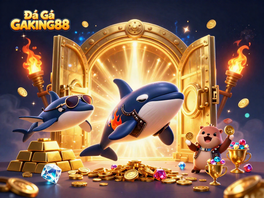 Experience the excitement of Đá Gà GAKING88 with vibrant characters and dynamic casino elements.