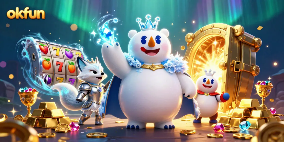 Spin to win at okfun with a polar bear and fox surrounded by vibrant casino treasures.