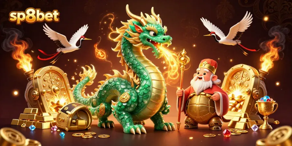 Experience the excitement of sp8bet with a vibrant 3D casino scene featuring dragons and treasures.