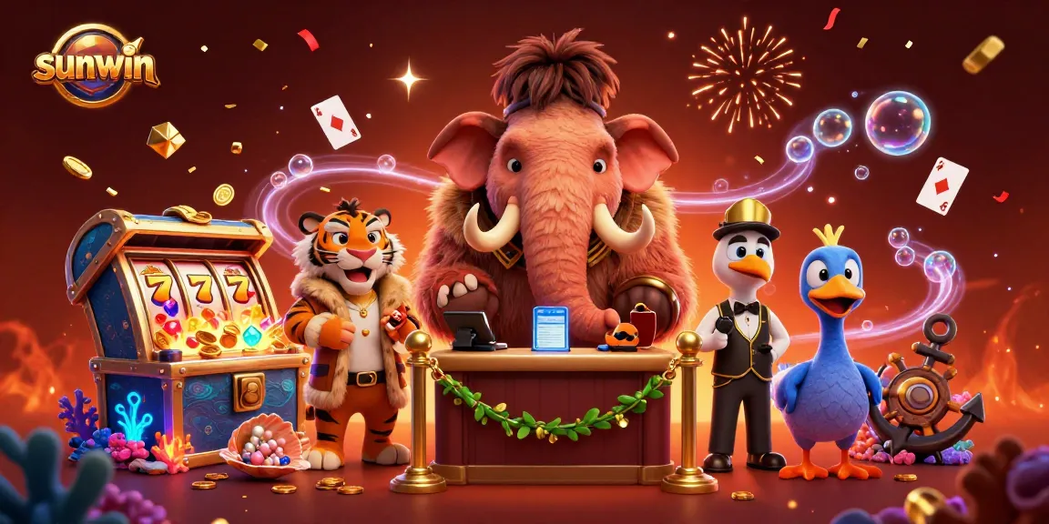 Experience sunwin's vibrant gaming atmosphere with a dynamic casino illustration featuring unique characters.