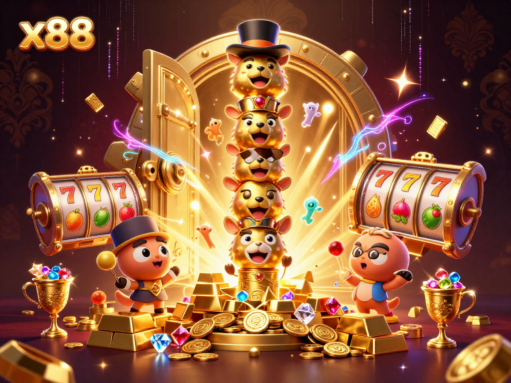 Spin the reels with x88 in this vibrant 3D casino scene, featuring a lively totem pole and wealth galore.