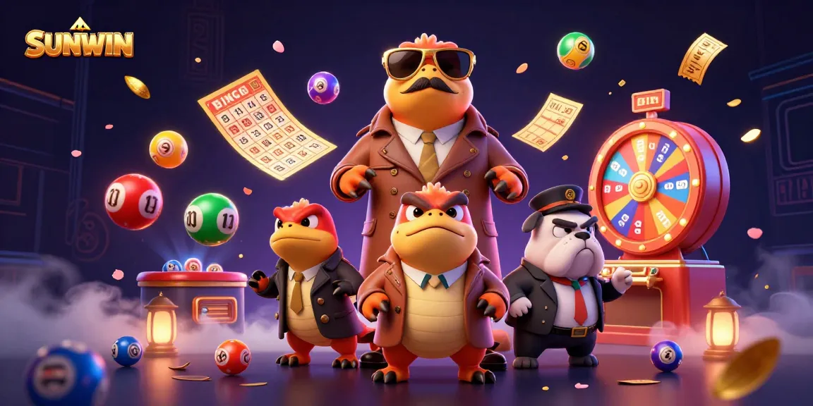 SUNWIN offers dynamic gaming excitement with colorful lottery elements and whimsical characters in a vibrant casino setting.