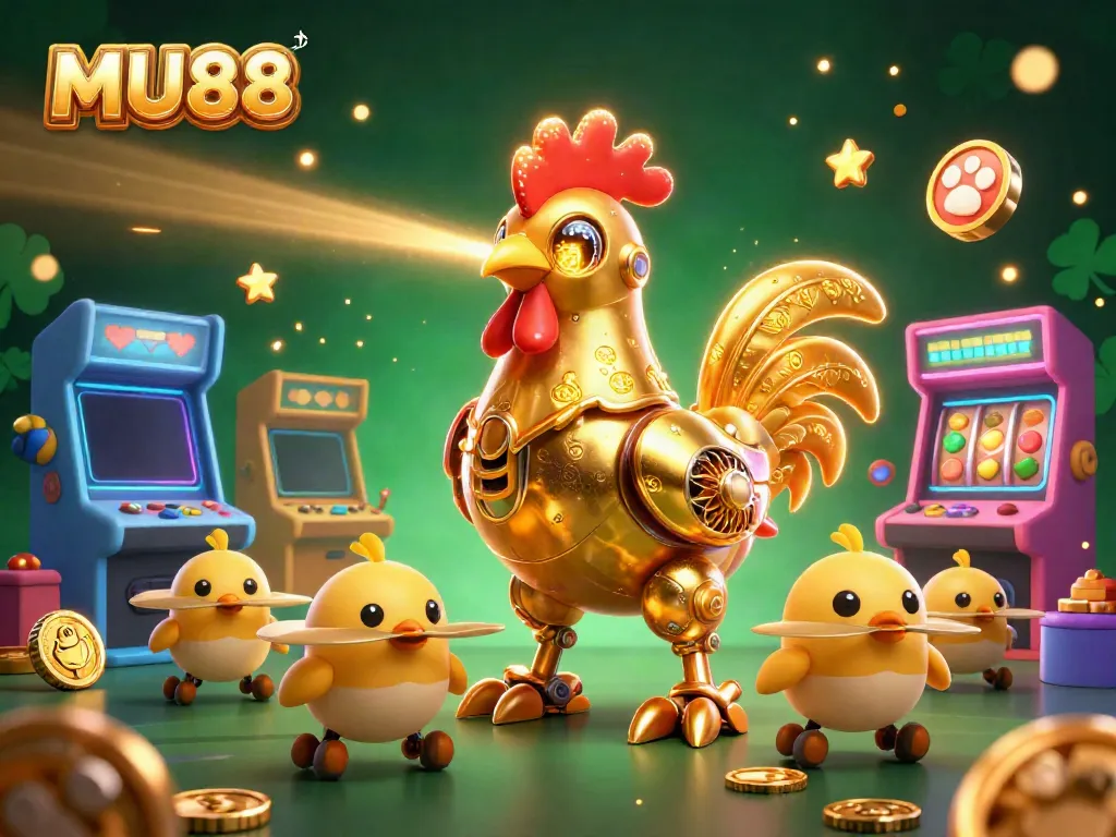 Engage with MU88's thrilling casino atmosphere illustrated by a golden rooster robot and baby chick drones.