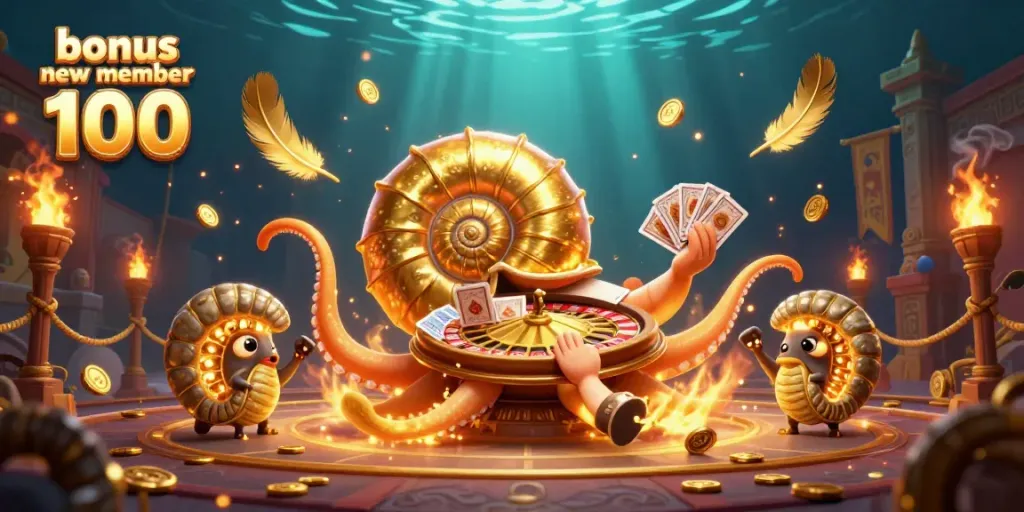 Experience the excitement of bonus new member 100 in an engaging 3D casino scene with vibrant characters and dynamic elements.
