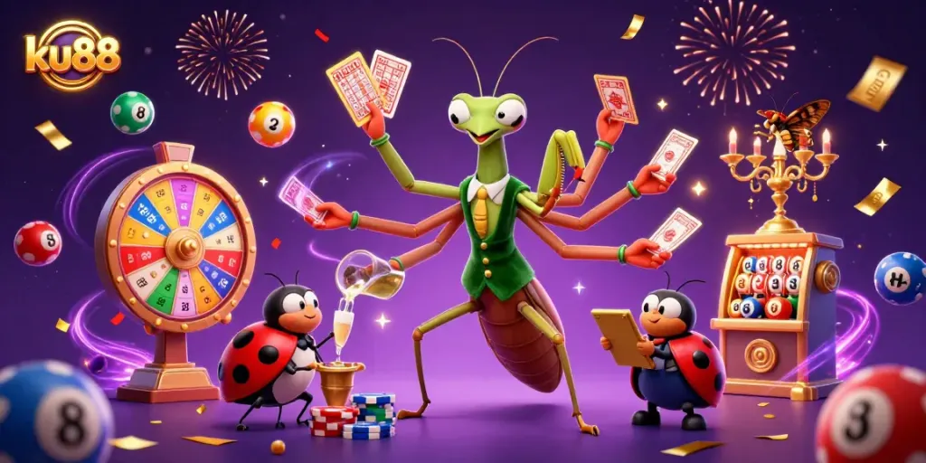 ku88 dazzles with lively casino elements as a praying mantis combines celebrations and gaming excitement.