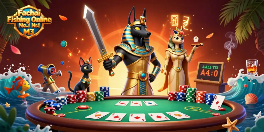 Engage in thrilling gameplay with Fachai Fishing Online No.1 M3, featuring ancient Egyptian warriors enjoying a vibrant casino atmosphere.