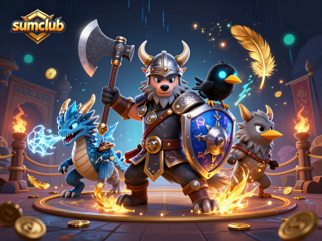 Experience the thrilling world of sumclub with a dynamic 3D illustration featuring cartoon characters in a vibrant casino setting.