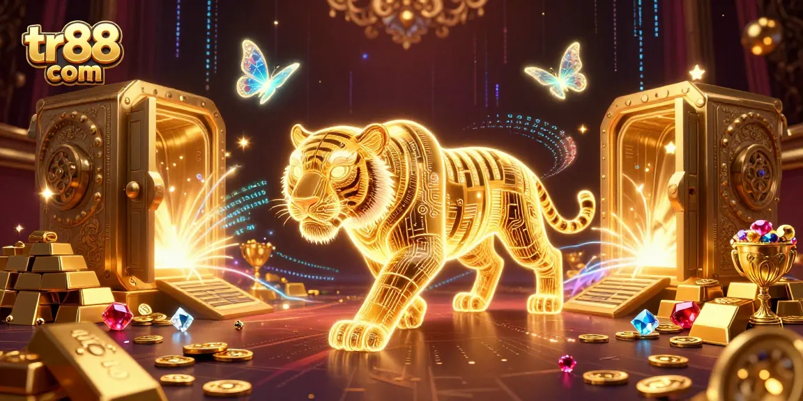 Spin through tr88 com’s vibrant digital casino, featuring a neon tiger and dazzling treasures.