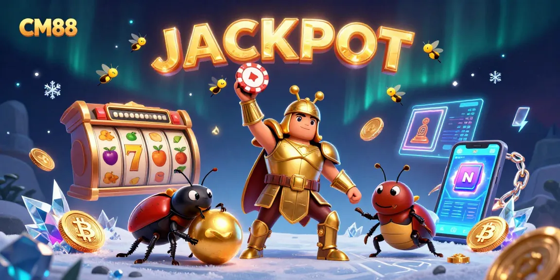 Win big with CM88 in this vibrant illustration showcasing a victorious beetle and exciting slot elements.