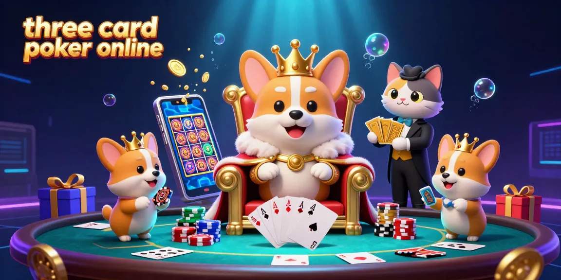 Experience three card poker online with an exciting 3D cartoon scene featuring a royal corgi on poker chips.