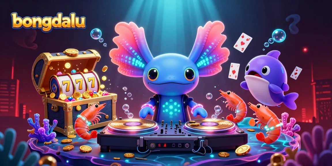 Bongdalu offers a vibrant underwater gaming scene with neon characters spinning records amidst dazzling casino elements.