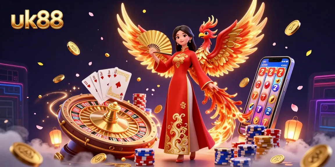 Engage with the exciting world of uk88 casino, featuring a graceful ao dai woman amidst vibrant gaming elements and golden coins.
