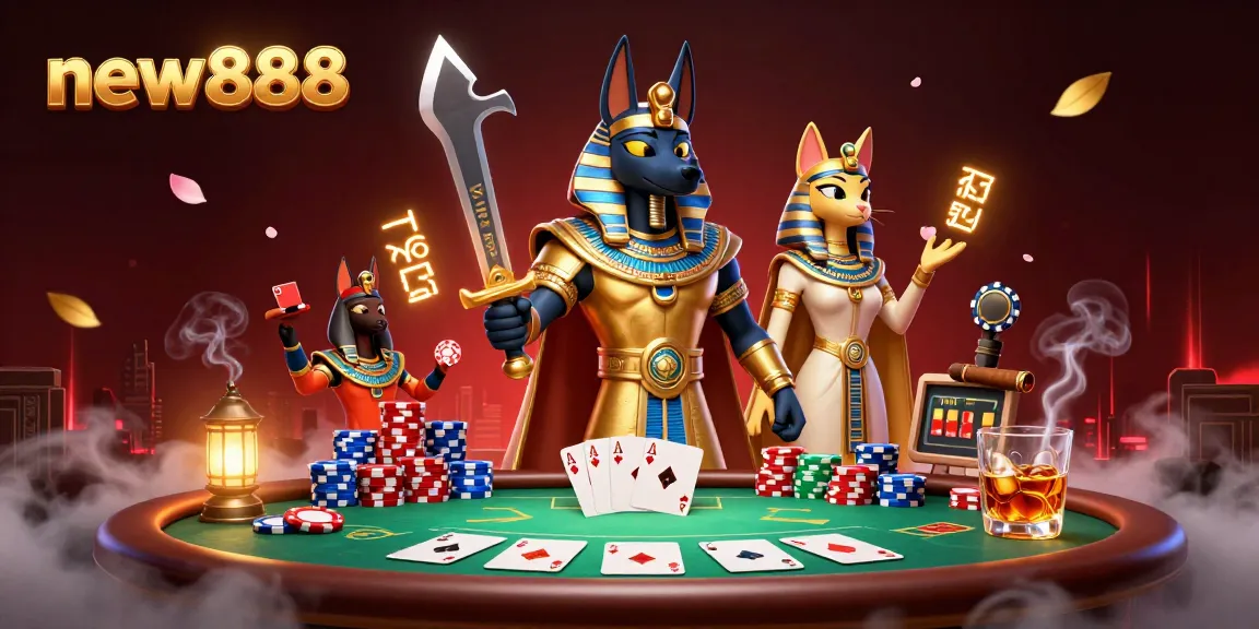 Bet big and win big at new888! Enter a thrilling casino scene featuring Egyptian warriors and poker elements.
