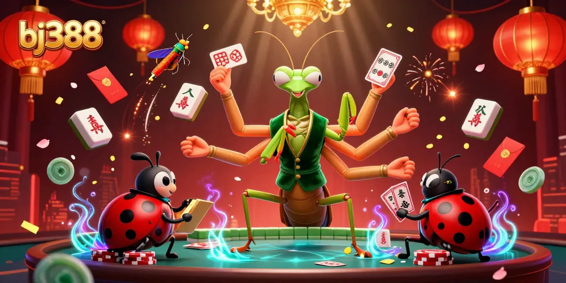 Experience the thrill of bj388 cockfighting with dynamic 3D visuals of a Praying Mantis card sharp, lush game elements, and vibrant colors.