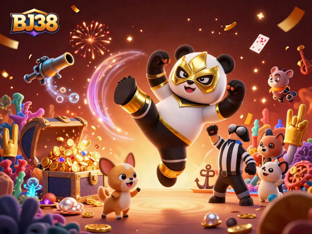 Experience BJ38's dynamic casino culture with a lively wrestling match illustration featuring gold and colorful casino elements.