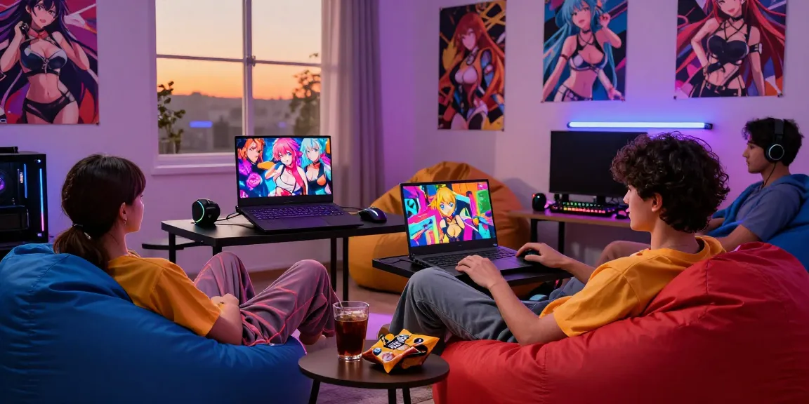 Enjoying hentai games in a cozy gaming room with ambient lighting and anime decor.