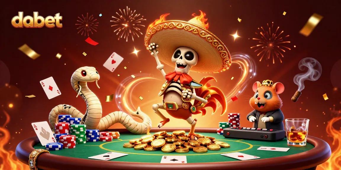 Experience the excitement at Dabet with lively casino characters celebrating winnings around a poker table.