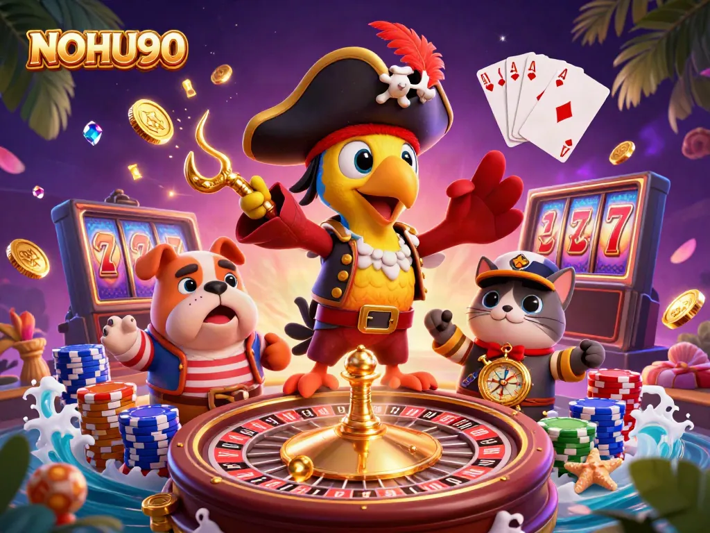 Engage with NOHU90's vibrant casino adventure featuring a parrot captain, bulldog first mate, and cat navigator.