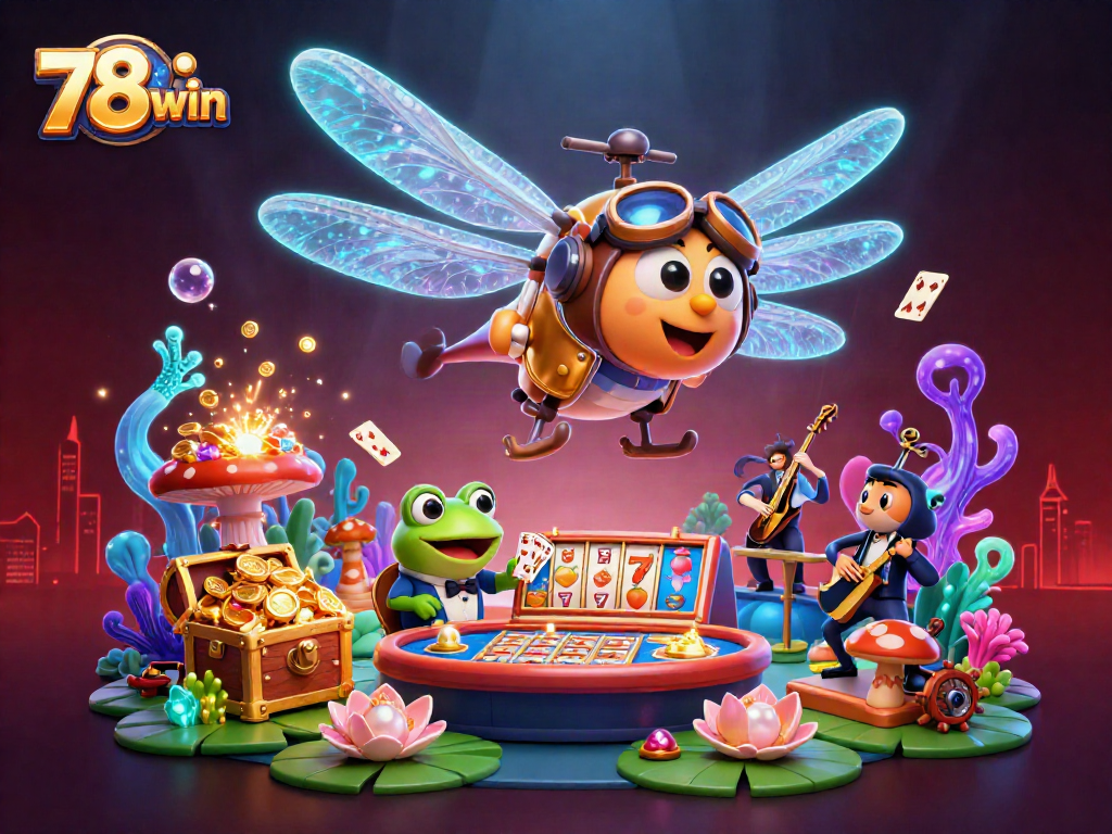 Engage with 78win's vibrant casino scene featuring a dragonfly pilot, frog dealer, and lively jazz musicians.