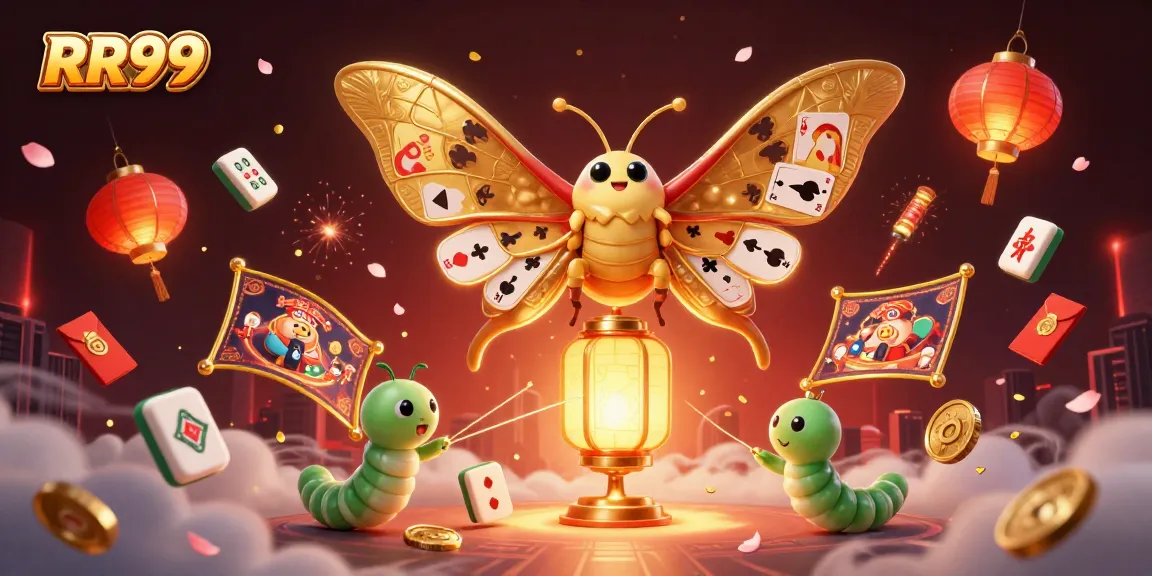 RR99 brings excitement with vibrant casino visuals, showcasing a golden moth amidst winning symbols.