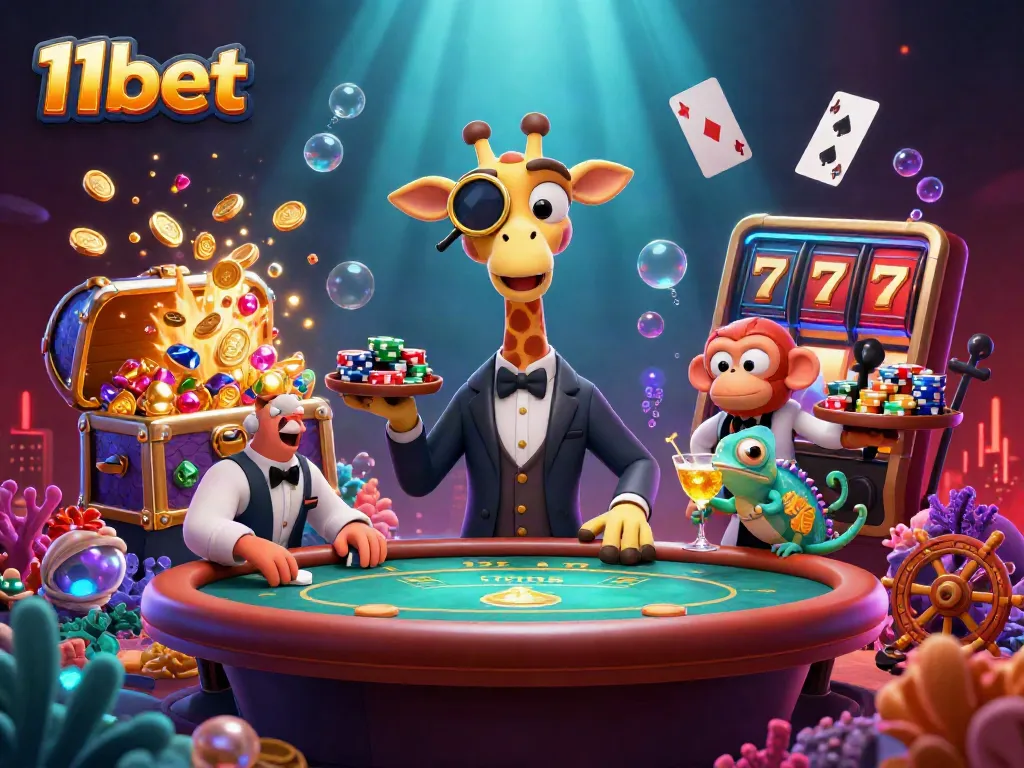Experience the vibrant casino world of 11bet with a high-roller giraffe, monkey valet, and chameleon bartender.