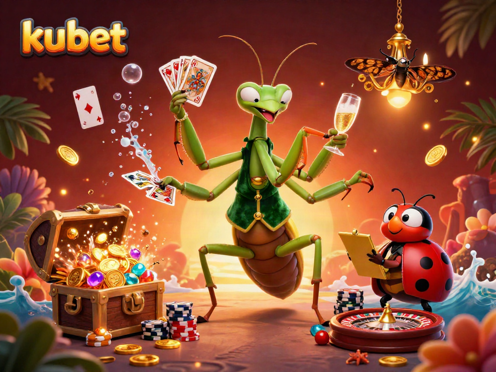 Kubet casino scene featuring a giant mantis card sharp, ladybug pit boss, and dynamic gaming elements.