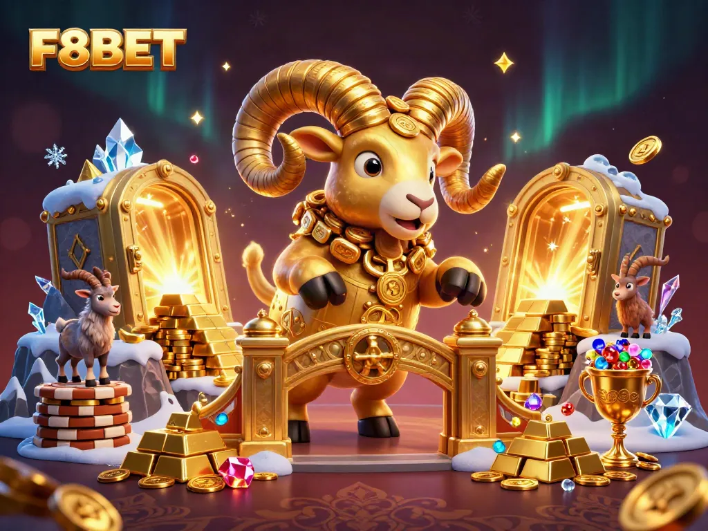 Experience F8BET's vibrant online casino with stunning golden ram and treasure elements.