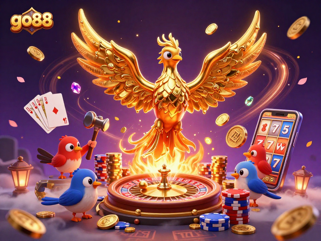 Experience the vibrant go88 realm of gaming with cascading coins and a golden phoenix amidst thrilling casino elements.
