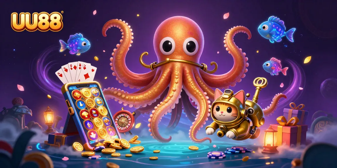 Spin big with UU88, exploring vibrant slots and casino elements in a lively underwater scene.