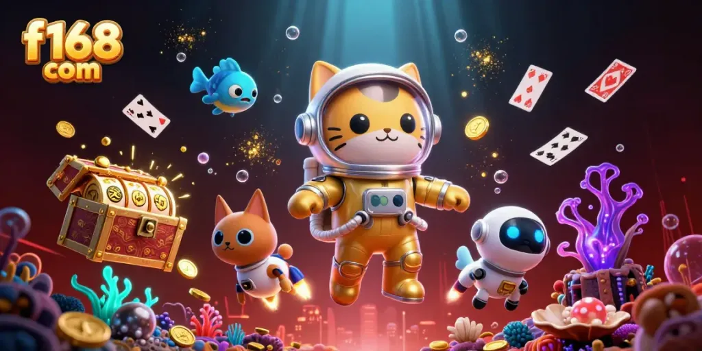 Join the fun at f168 com with this vibrant illustration of a cat exploring a fantasy casino world.